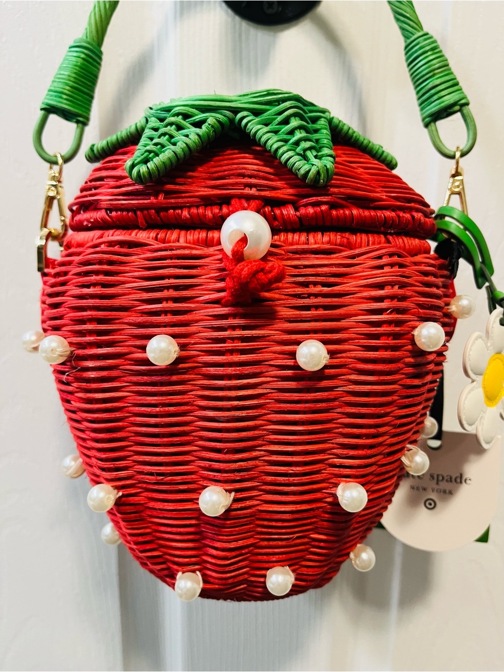 kate spade New York Red Strawberry Wicker Top-Handle Bag with Daisy Bag Charm. - Picture 3 of 7